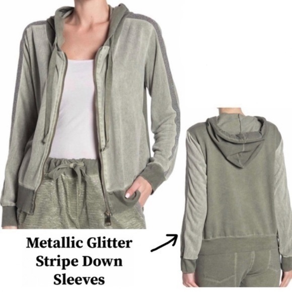 Lola Made in Italy Metallic Stripe Zip Up Jacket Zip-up Hoodie NWT Army Green - Picture 1 of 12
